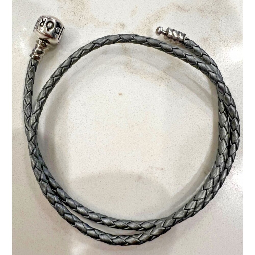 Pandora Leather Woven Silver/Grey Double Bracelet with Silver Barrel Clasp 15”